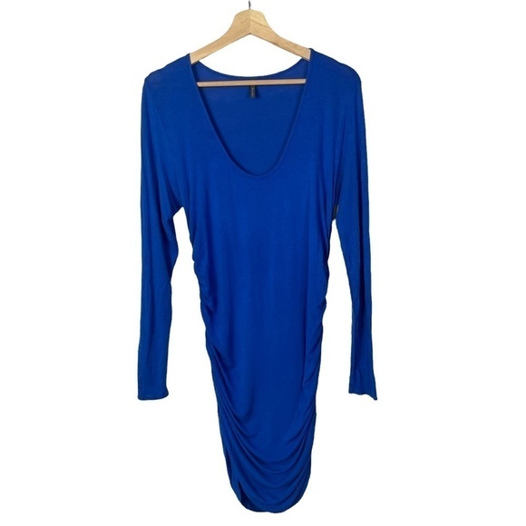Riller & Fount Blue Scoop Neck Fitted Ruched Side Mini Dress 2 - Picture 1 of 6